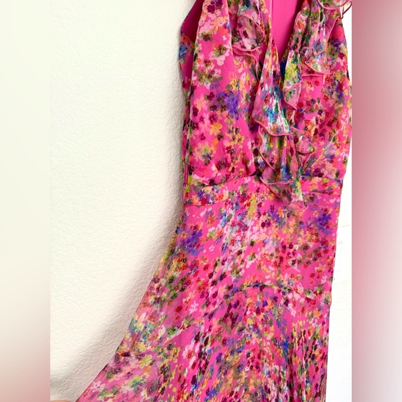 Saloni Silk Floral Pink Ruffle Midi Dress - Picture 7 of 11